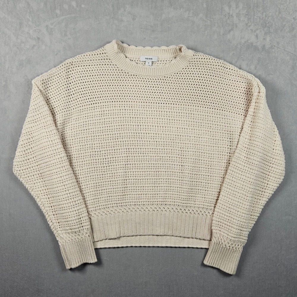Reiss Bonnie Sweater Womens Medium Cream Open Knit Cotton Ribbed Scallop Neck